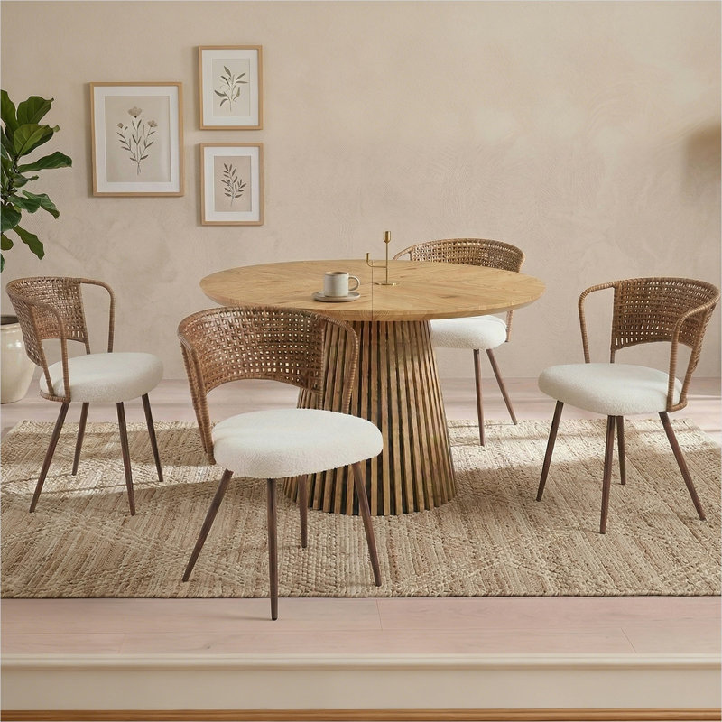 Ensemble de fauteuils 4 pièces à oreilles avec dossier en rotin tissé et pieds en métal, tissu brun chaud