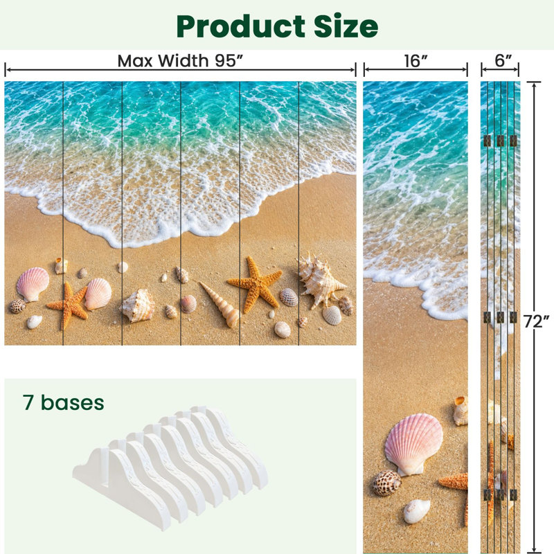 Paravent pliant à 6 panneaux, motif Royal Beach, étoiles de mer, coquillages et vagues turquoise. Séparateur de pièce autoportant en toile, cloison de protection pour salle de bain. Cloison de séparation pour plus d'intimité.