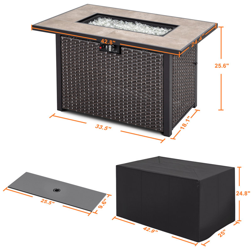 Table de foyer d'extérieur 43 po rectangulaire en rotin au gaz propane 43 000 BTU avec plateau en céramique
