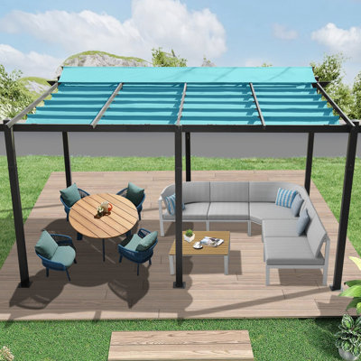 11 X 16 Ft Lake Blue Outdoor Living Pergola. Aluminum Frame. Fabric Canopy. Retractable For Sun Protection. Easy Installation. Versatile Courtyard, Lawn, Pool. Robust Construction. Fire Adjustable