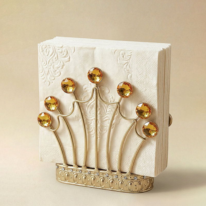 Porte-serviette doré avec motif couronne royale, porte-serviette autoportant doré antique avec détails en cristal et base surélevée pour table de salle à manger, comptoir de cuisine ou meuble-lavabo
