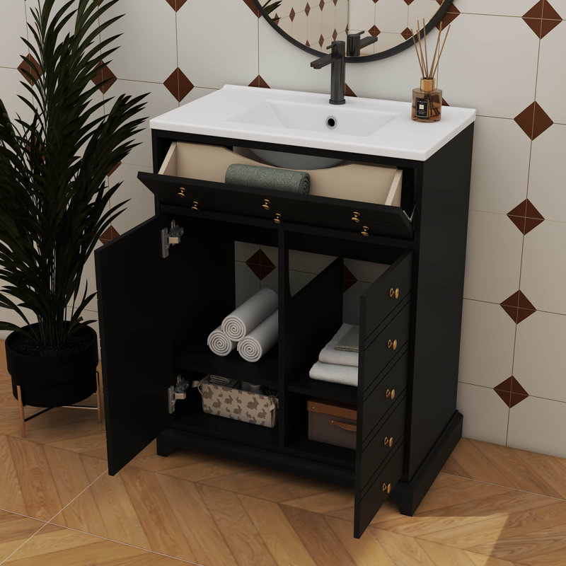 Armoire de rangement de salle de bain moderne 24 po avec lavabo en céramique, 2 portes à fermeture douce et tiroir basculant