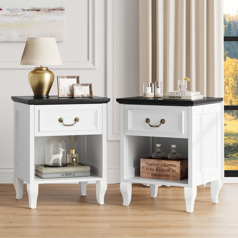 19"W Farmhouse Nightstand set of 2 with Drawer and Open Shelf, Wood White End Table Living Room, Farmhouse Style Bedside Table for Bedroom for Kids, Adults