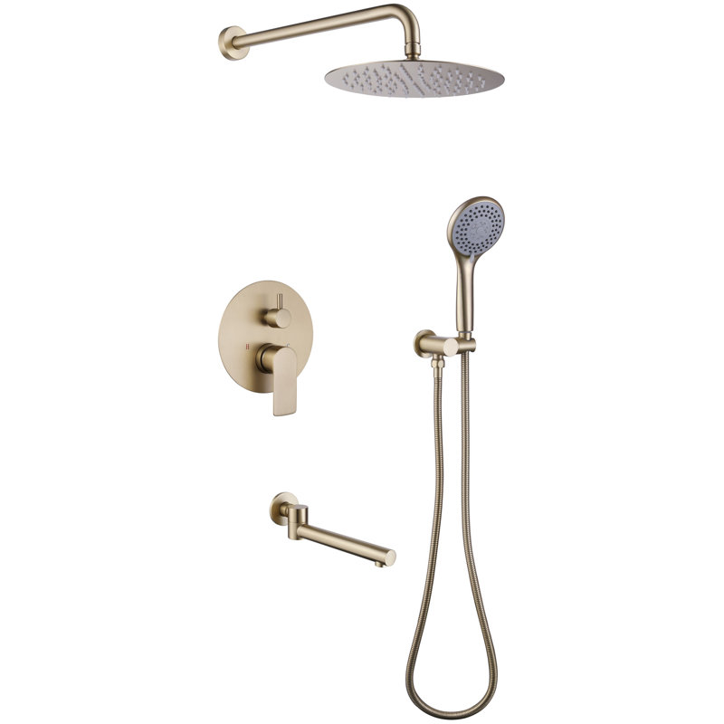 Modern 10" Round Wall Mounted Pressure Balance Rainfall Shower System With Swivel Tub Spout And Handheld Shower, Brushed Gold
