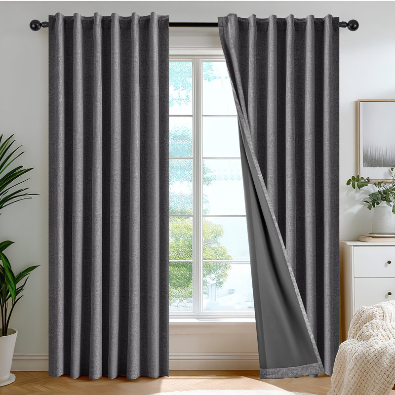 100% Blackout Faux Linen Curtains with TPU Backing – Dual-Layer Noise Reducing & Thermal Insulated Drapes, Gray