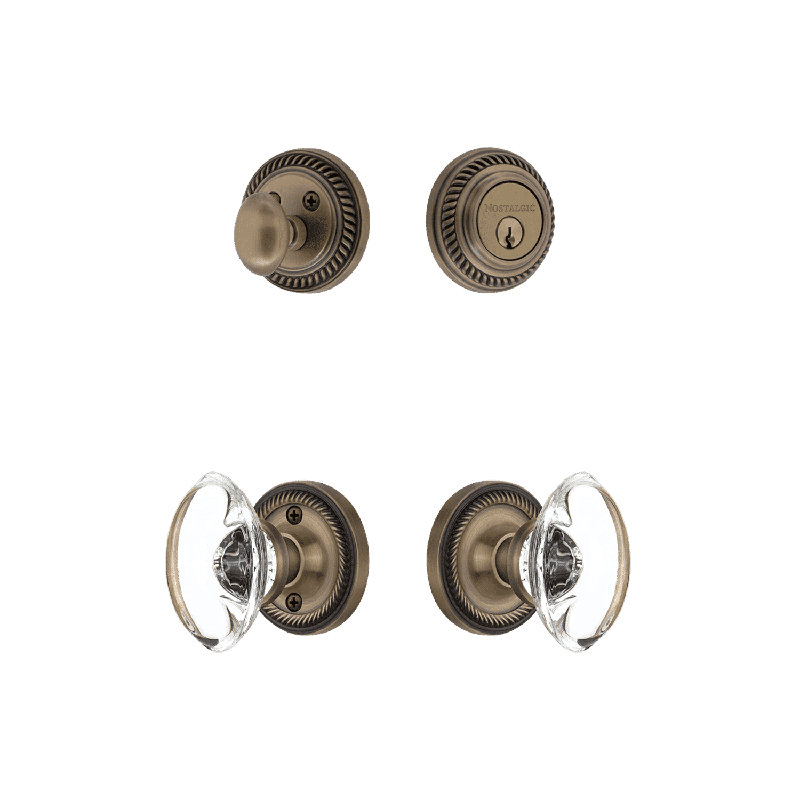 Nostalgic Warehouse Rope Rosette Entry Set with Oval Clear Crystal Knob, Antique Brass, 2.75