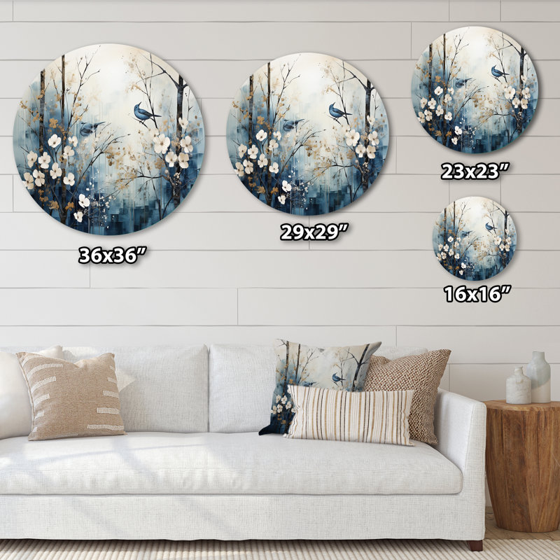 «Blue and White Forest Winter Harmony I», art mural rond en métal, H 16 po x l 16 po