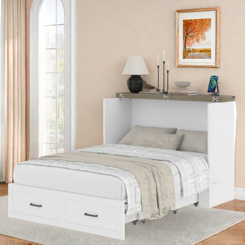 Multi-functional Foldable Murphy Bed  With Charging Station And 1 Large Storage Drawer, White, Full 