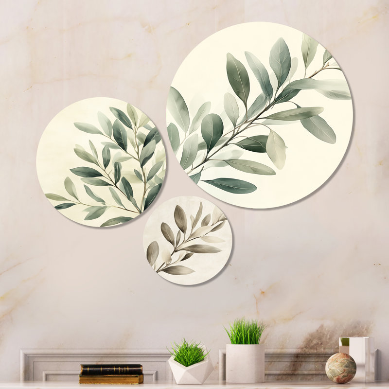 Doux branche d'olivier - eucalyptus ivoire, ensemble d'art mural en métal, ensemble de 3