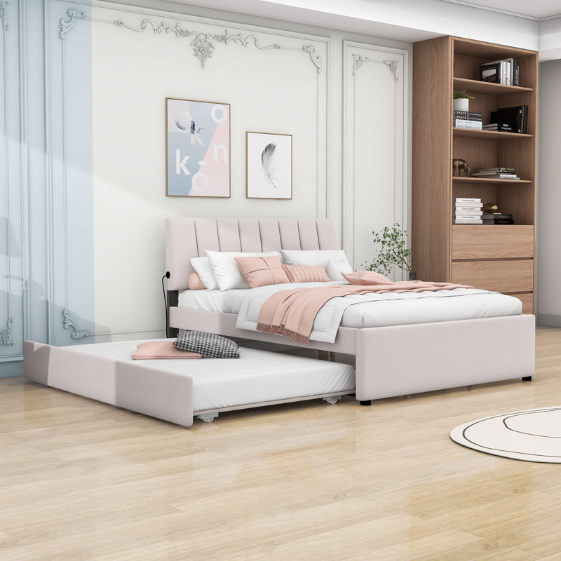 Lit plateforme tapissier avec panneau de particules et gigogne, Double, Beige