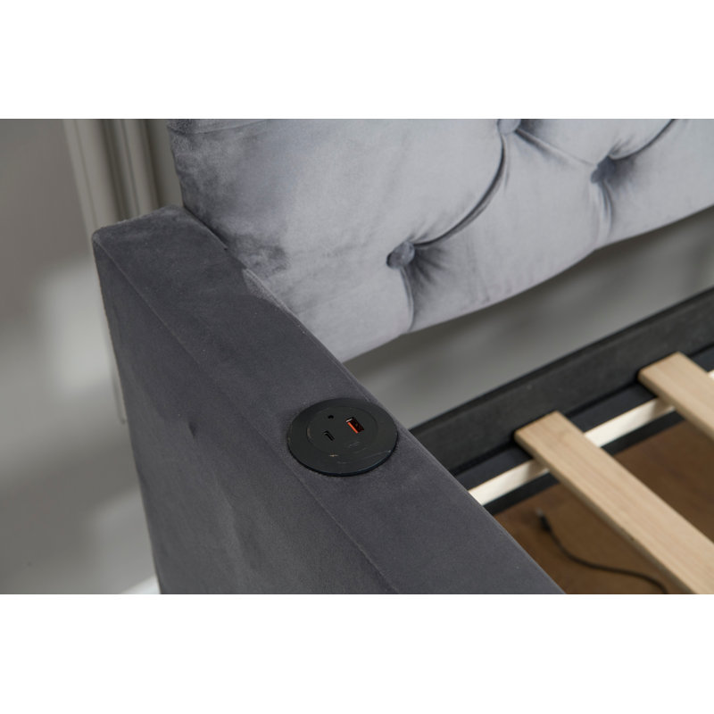 Twin Size Boucle Upholstered Bed Frame with Headboard, 2 USB Charging Ports & 2 Storage Drawers, Solid Wood Slats, No Box Spring Needed, Grey
