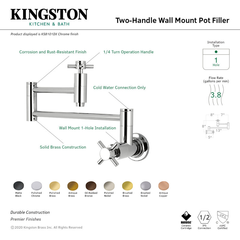 Kingston Brass Concord Two-Handle 1-Hole Wall Mount Pot Filler Faucet, Antique Copper
