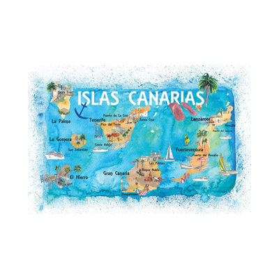 Canary Islands Illustrated Travel Map With Tenerife, Gran Canary, Lanzarote, Fuerteventura La Palma Gomera And Hierro by Markus & Martina Bleichner - Wrapped Canvas Gallery-Wrapped Canvas Giclée
