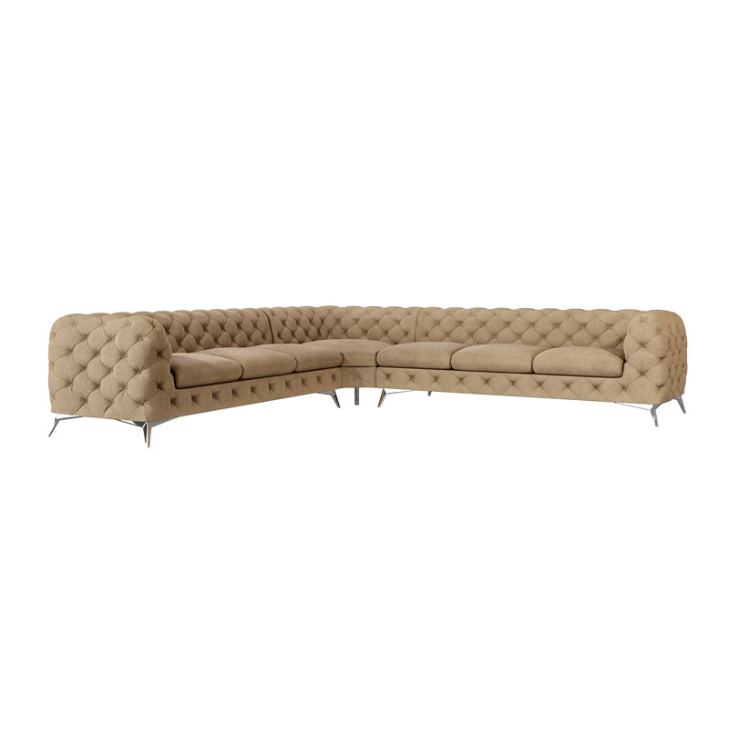 Chesterfield Corner Sofa L-Shape  with Silver Metal Legs, 75cm H x 264cm W x 323cm D, Left Hand Facing, Beige