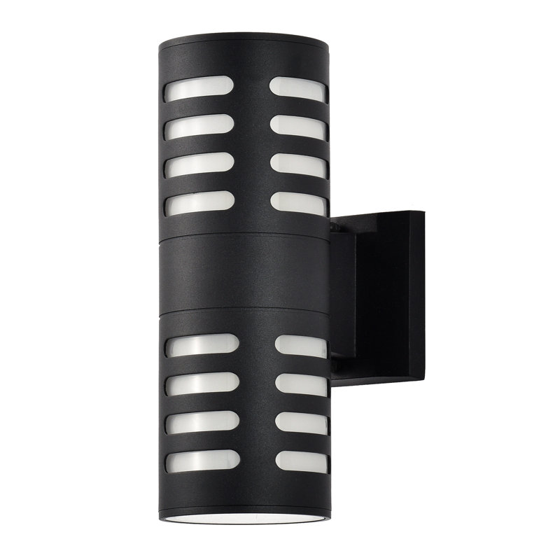 Black Outdoor Armed Sconce, 2-Light Cylinder Wall Lantern with Oval Cutouts