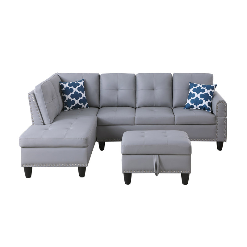 Canapé modulaire en faux cuir gris avec repose-pieds en L, Gris