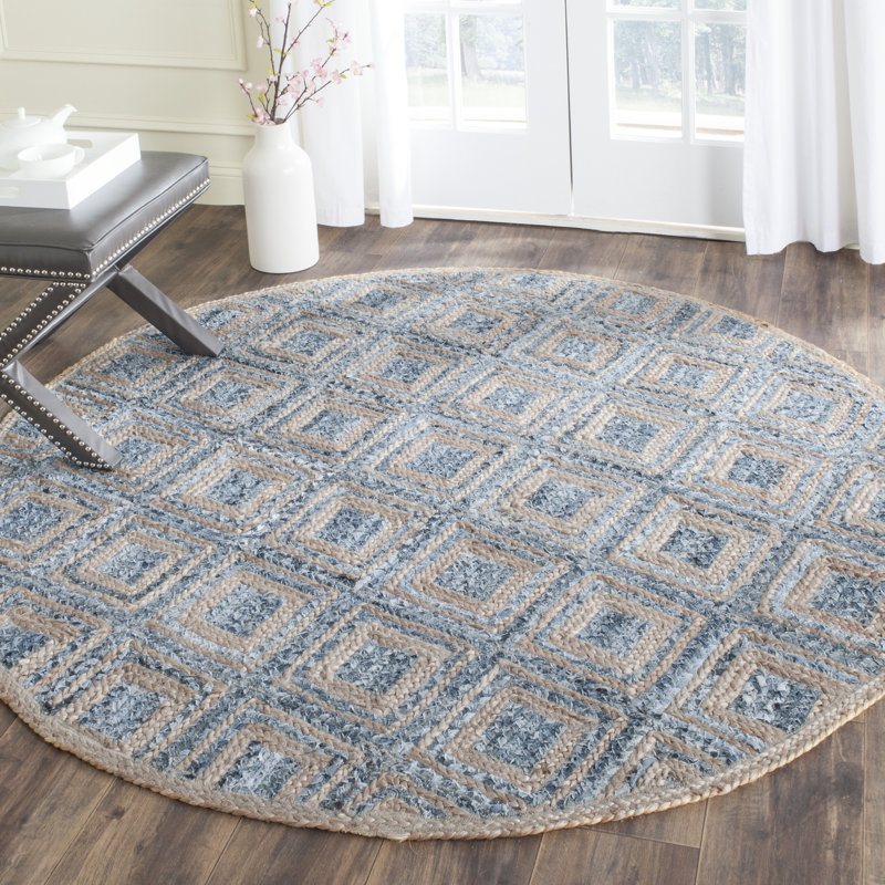 Arria Hand Woven Jute/Denim Geometric Rug in Natural/Blue, Round 4'