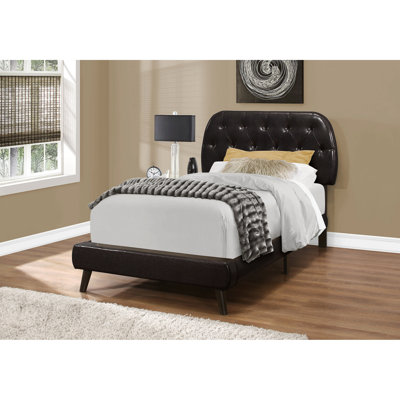 Twin Size Bed With Elegant Brown Leather-like Upholstery And Wood Legs Teen Upholstered Bed: Leather Look Leg Solidarity