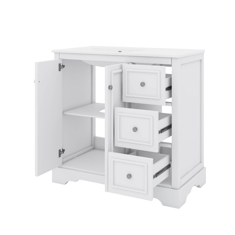 Meuble-lavabo autoportant de 36 po avec lavabo en céramique 3 tiroirs, 2 portes et tablette réglable, Blanc