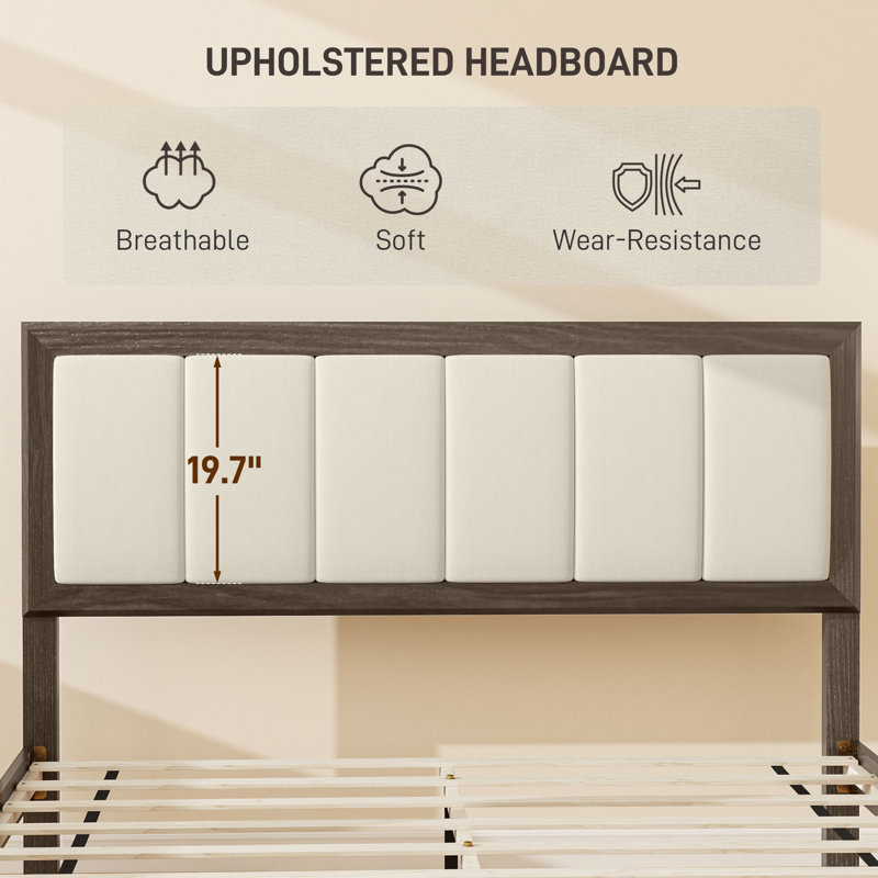 Bed Frame With Upholstered Headboard, Platform Bed Frame With Wooden Slats, No Box Spring Needed, Easy Assembly, Brown