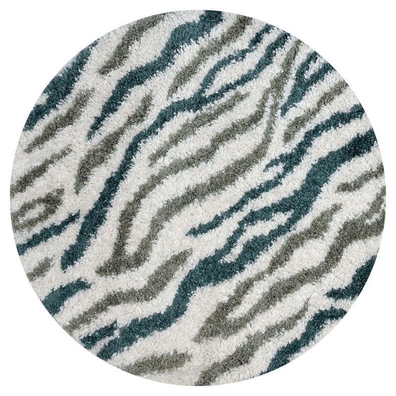 Moodi Modern Shaggy Area Rug Abstract Brushstroke Line Design, Off-White/Green, Round 120 cm