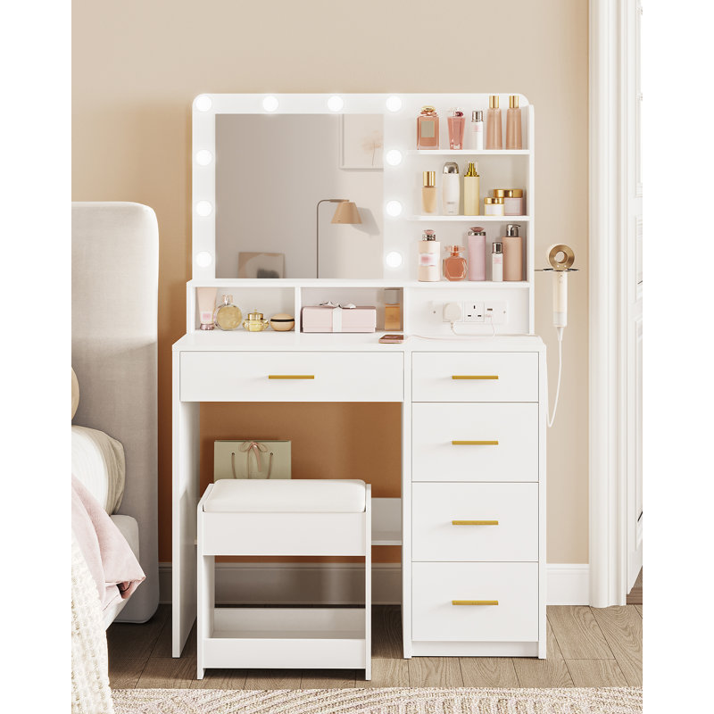 Dressing Table with 3-Colour LED Adjustable Brightness, Vanity Table with Plug and Large Mirror, Stool and Hairdryer Holder, Muti-Drawer Dressing Table, 6 Open Storage Areas,