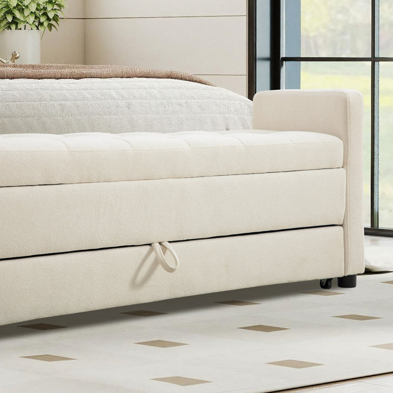 Banc de rangement rembourré de 58 po à deux niveaux avec plateau relevable et tiroir, Beige
