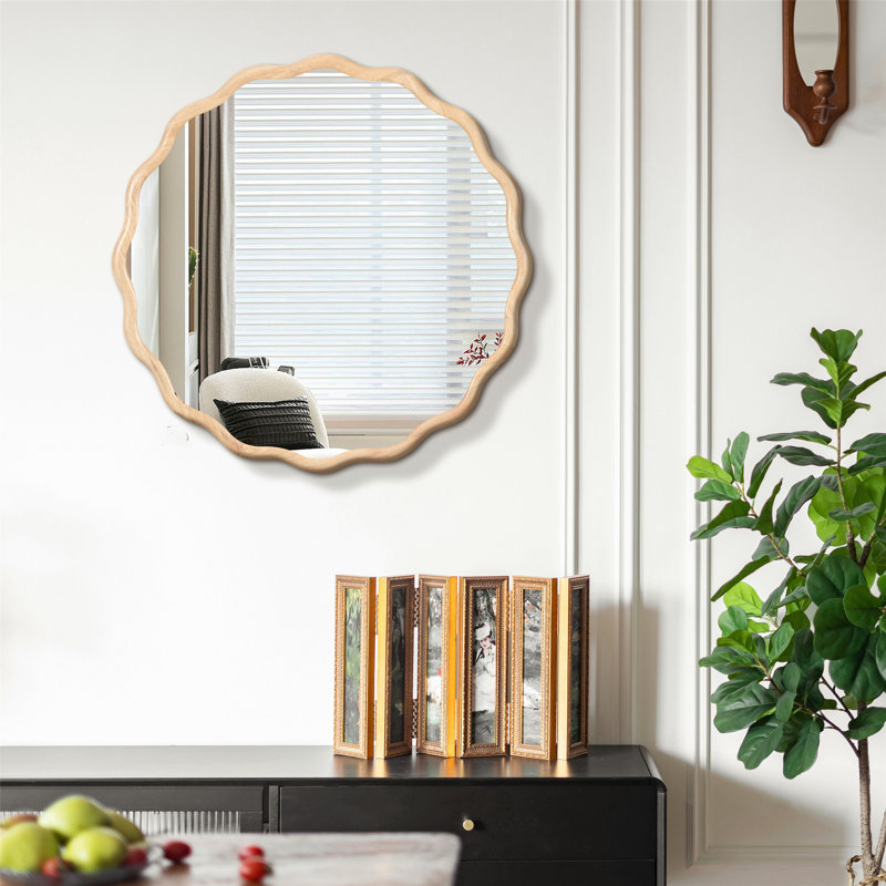 Exquisite Solid Wood Wavy Mirror for Various Rooms, Enhancing Décor, 31" x 31", Natural Wood