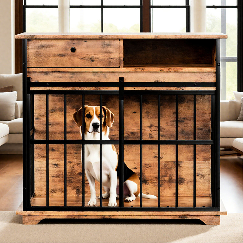 Safe Dog Cage With Solid Wood Top, 69.27 Lb, Good For Puppies And Secure Kennel Rounded Bars, 34.67 Inches Long, Indoor Use