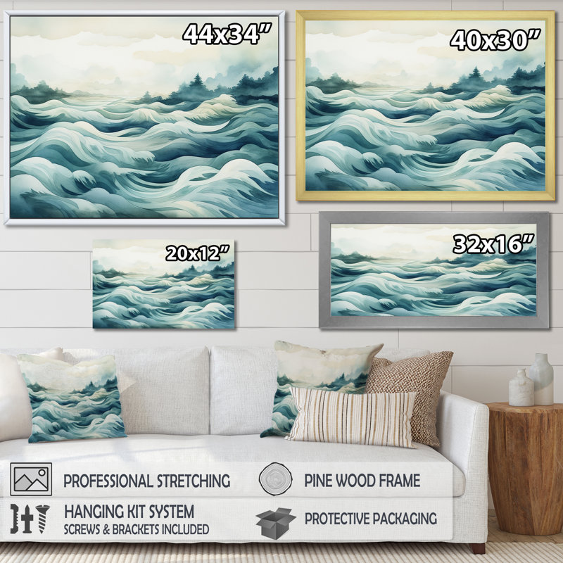 Wild Waves In Faded Retro Blue sur toile, Cadre photo noir simple, H 34 po x l 44 po x P 1,5 po