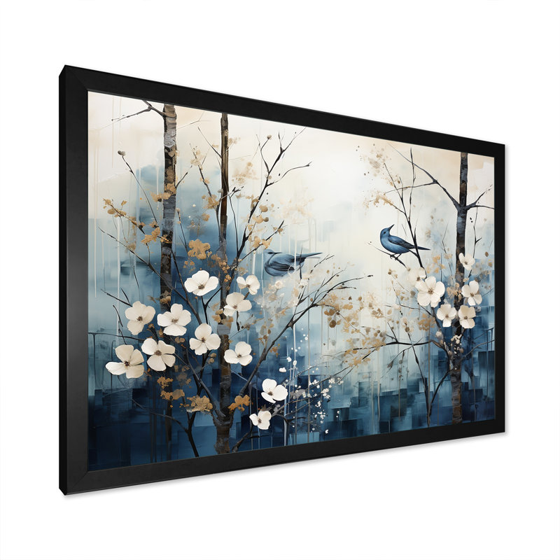 «Blue and White Forest Winter Harmony I», art mural sur toile, H 24 po x l 32 po x P 1 po, Cadre simple noir