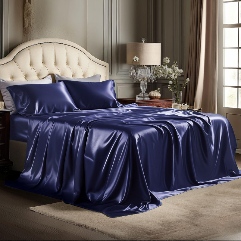 Bedsure Satin Sheet Set King Size - 4 Piece Silky Bedsheets with Elastic Straps & 15" Pocket (King, Navy), King, Dark Blue