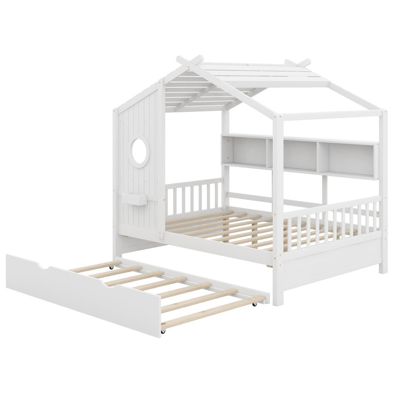 Lit maison avec lit gigogne, Blanc, Lit double