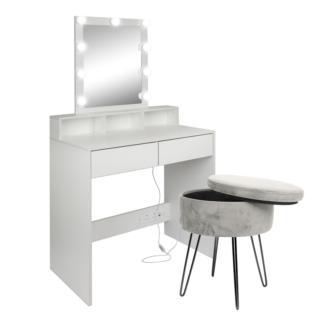 Harbour Housewares Wooden Dressing Table Set with LED Lights - White