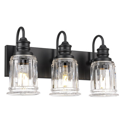 3-Light Matte Black Vanity Light Bell-Shaped Clear Glass Bathroom Vanity Lights