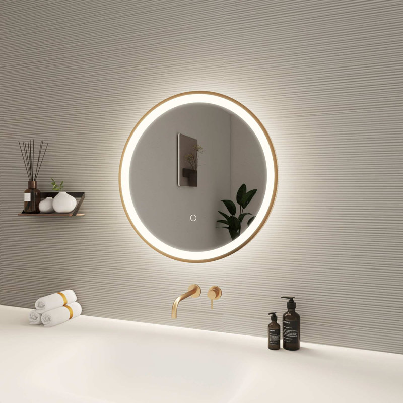 21 Round LED Front and Backlit Wall Mirror in Satin Gold, Satin Gold, 21" x 21"