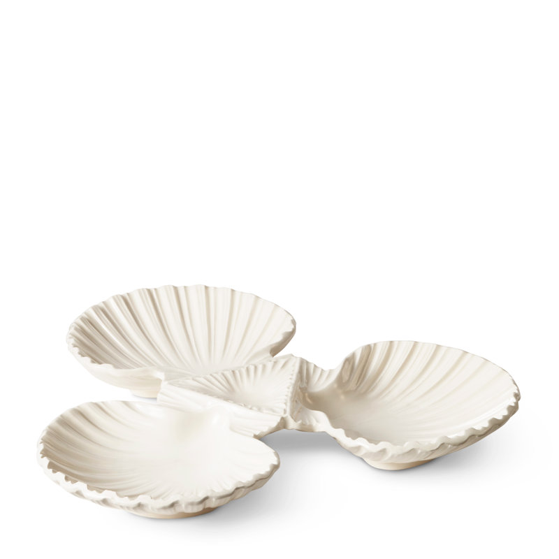 Off-White Ceramic Triangular Shell 3-Bowl Dish