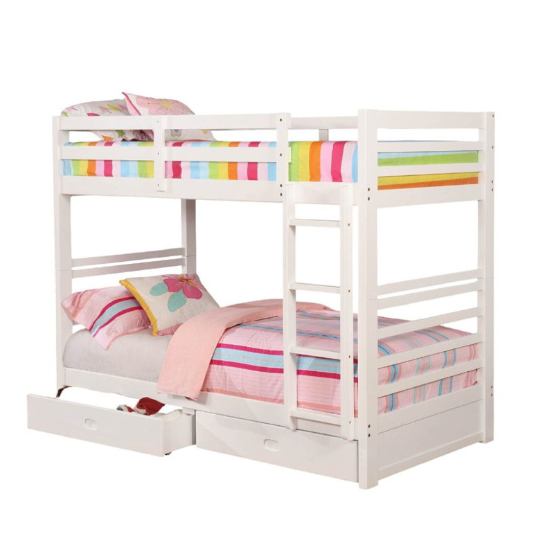 Lit superposé simple au-dessus de simple avec deux tiroirs et échelle attachée, blanc, Blanc