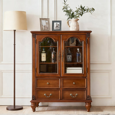 Vintage Solid Wood Display Cabinet with Drawers, Ornate Design