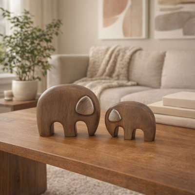 Carved Wooden Elephant Sculpture Objects For Living Room - Rustic Animal Decorative Figurine Accent For Home Decor - Set Of 2, 5", 4", Brown & Bronze