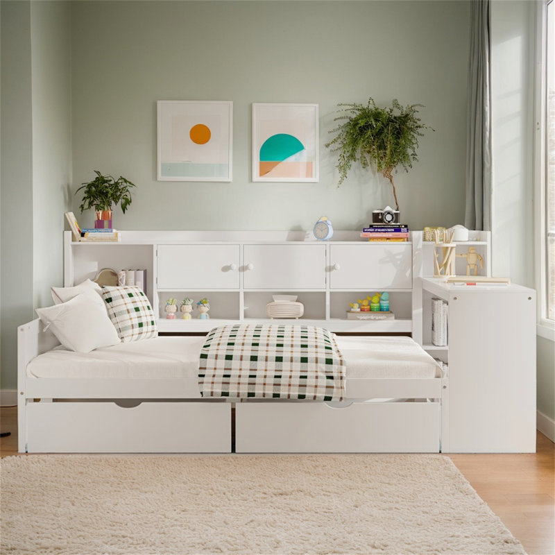 Space-Saving Wooden L-Shape Daybed With Seven Storage Cabinets & Two Drawers - Multi-Functional Bed With Study Desk And Built-In Bookshelf