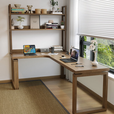 Light-walnut L-Shaped Solid Wood desk