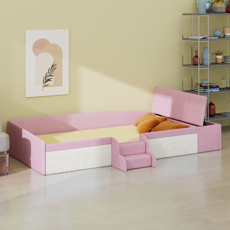 Élégant lit de jour rembourré avec escalier, repose-pieds avec vérin à gaz et garde-corps, Twin, Pink+White