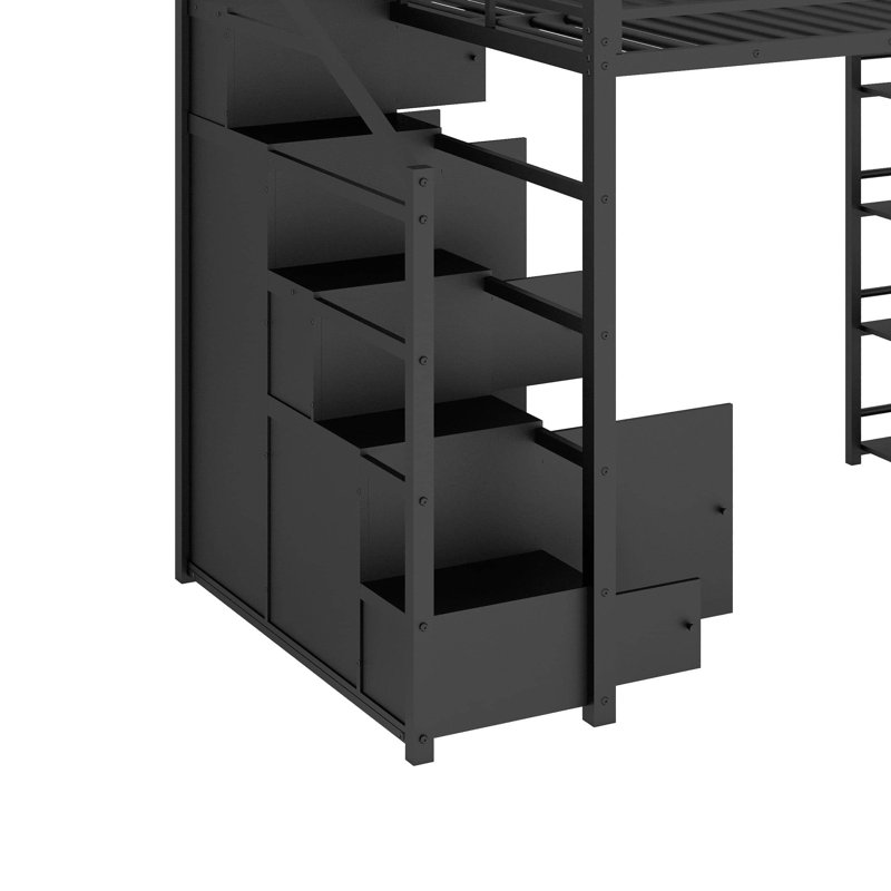 Full Size Metal Loft Bed With Shelves, Cabinets And Wardrobe