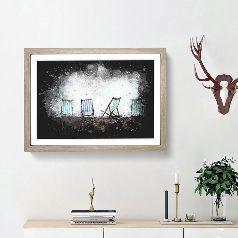 Deckchairs On Brighton Beach Paint Splash - Framed Print, 62cm H x 87cm W x 2cm D, Oak Framed
