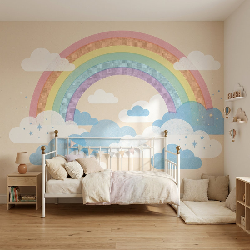 Papier peint pastel arc-en-ciel amovible nuage fantaisiste, Non-Woven Nonpasted, 140 po x 108 po