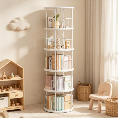 Bibliothèque rotative à cinq niveaux, tour à livres pivotante à 360 degrés, bibliothèque pivotante autoportante avec tablettes ouvertes, rangement étroit pour le salon, la chambre à coucher, le bureau personnel