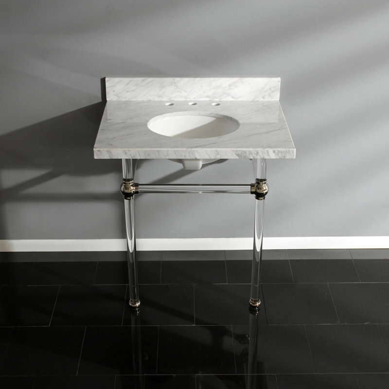 Kingston Brass Templeton 30-Inch Vanity Top with Clear Acrylic Legs (8-Inch, 3-Hole), Carrara Marble/Polished Nickel