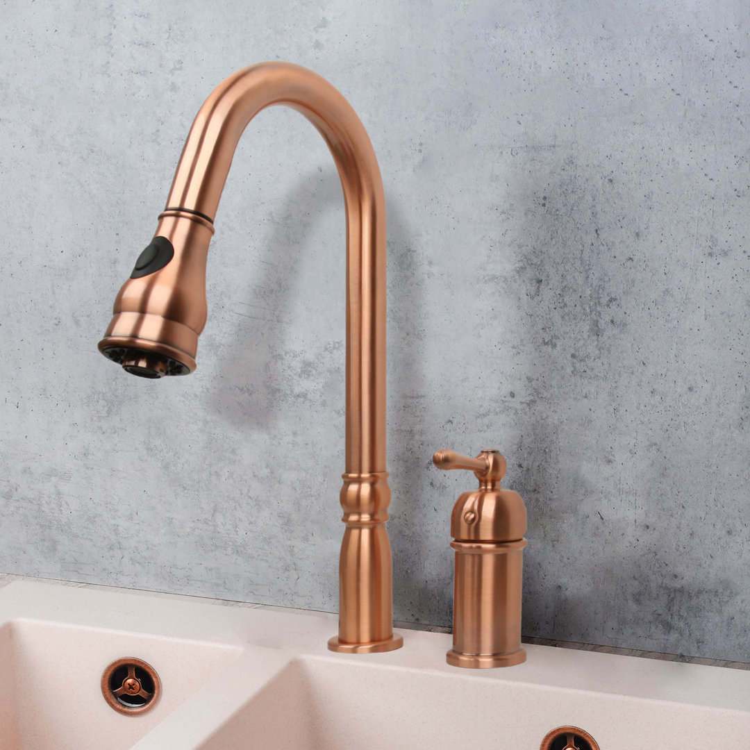 Copper Single-Handle Kitchen Sink Faucet With Pull Down Sprayer, One-Handle High Arc Pull Down Kitchen Faucet With In-Deck Handle Akicon 