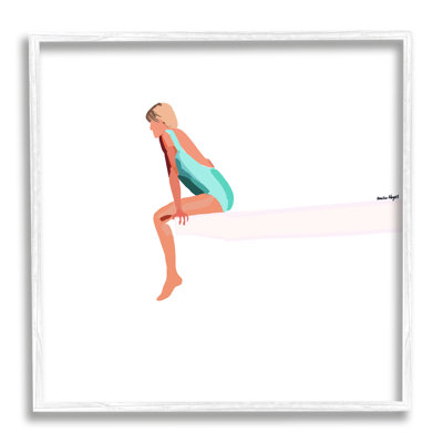 «Woman Sitting Diving Board Summer Beach Pool» par Amelia Noyes - peinture à cadre flottant sur bois
